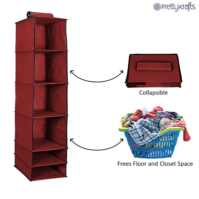 6-Shelves Foldable Hanging Wardrobe Organizer – Maroon Storage Solution | NISHU Superstores