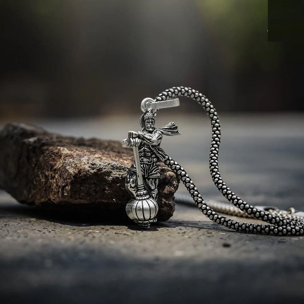 Hanumanji with Gada Silver Pendant Chain | NISHU Superstores