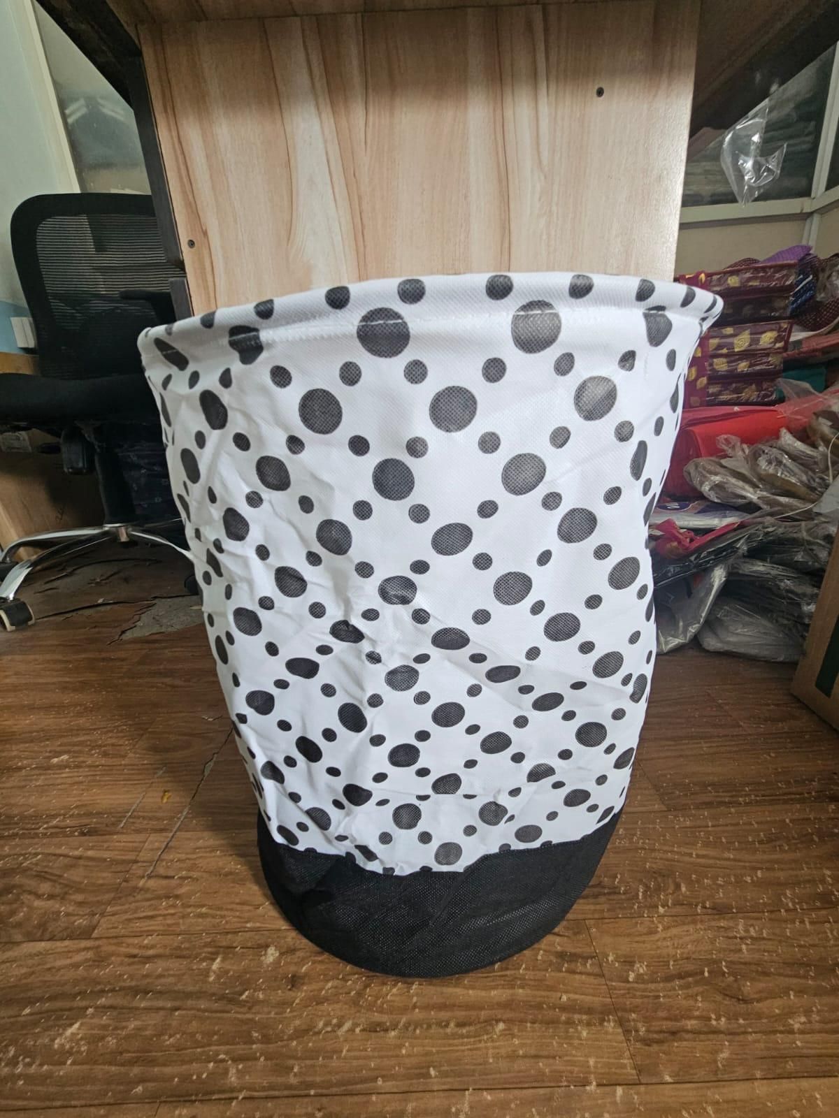 Round Canvas Laundry Bag – 45L Black & White Polka Dot | Foldable & Stylish | NISHU Superstores