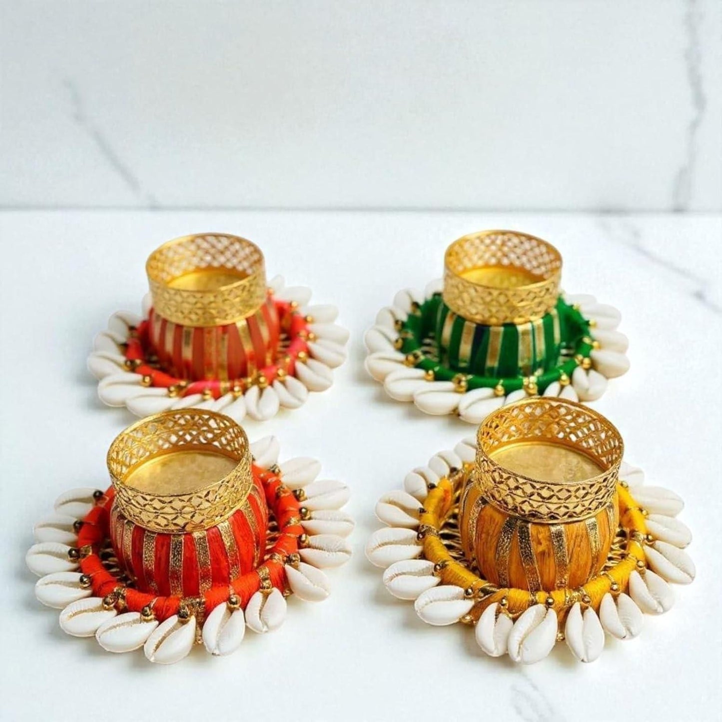 Cowrie Dholakh Tealight Holder (Pack of 2) – Decorative Candle Holder | NISHU Superstores