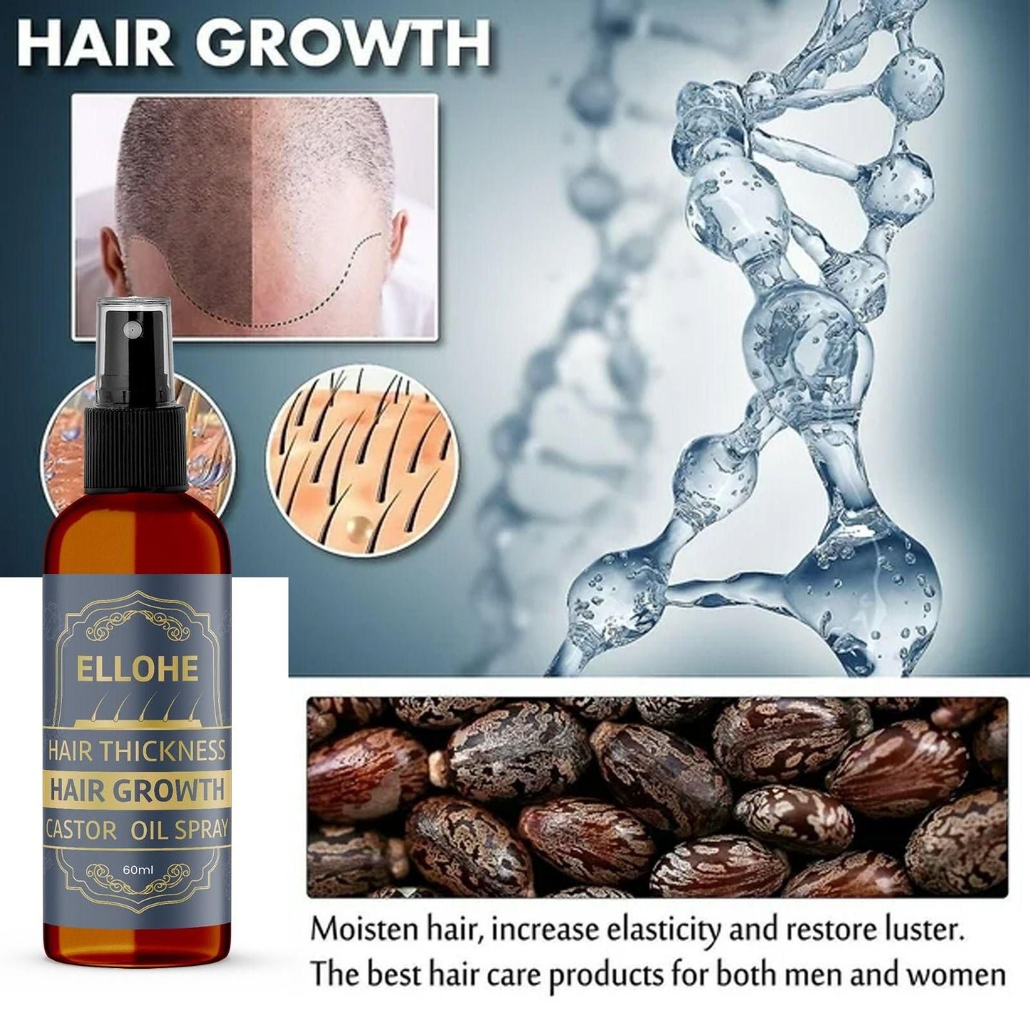 ELLOHE Hair Growth Castor Oil Spray – 60ml for Hair Thickness & Regrowth | NISHU Superstores