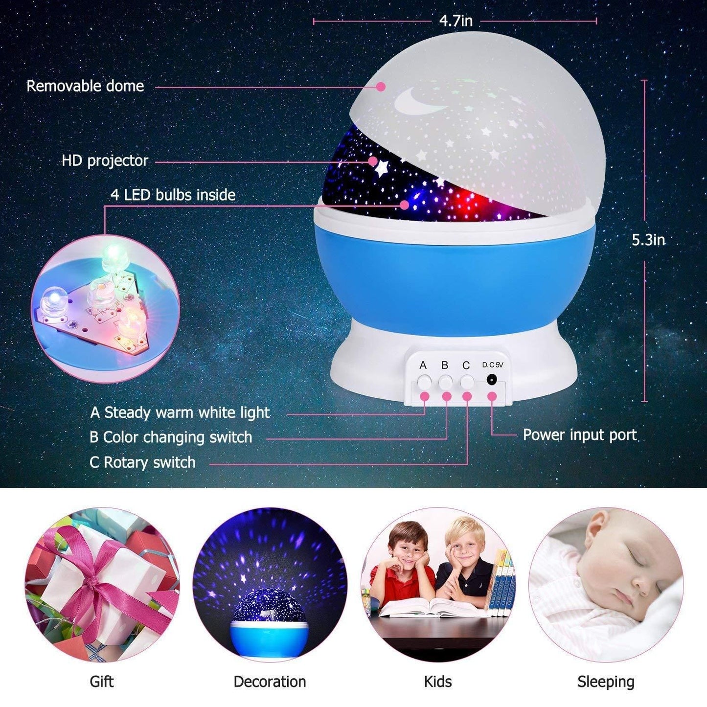 Star Moon Night Light Projector for Kids & Bedroom | 360° Rotating LED Lamp | NISHU Superstores