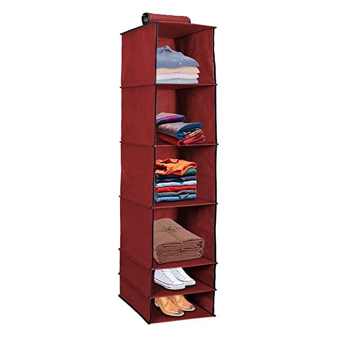 6-Shelves Foldable Hanging Wardrobe Organizer – Maroon Storage Solution | NISHU Superstores