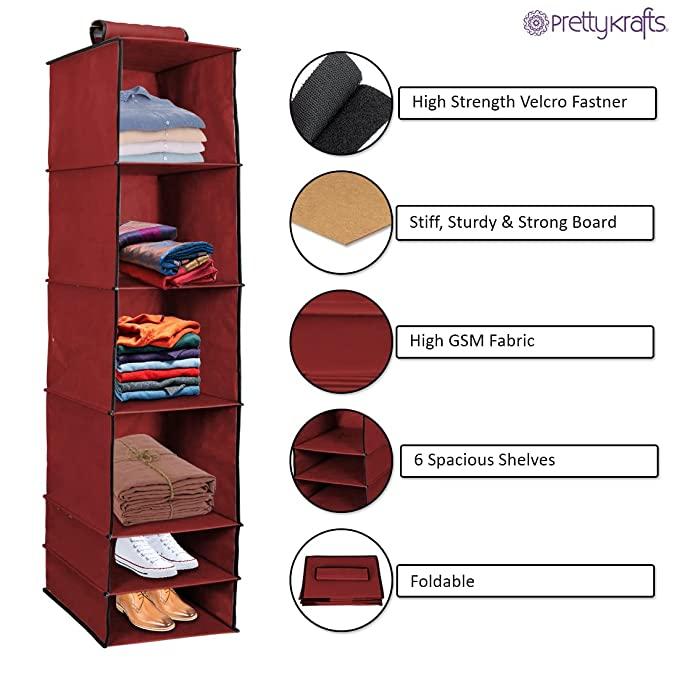 6-Shelves Foldable Hanging Wardrobe Organizer – Maroon Storage Solution | NISHU Superstores