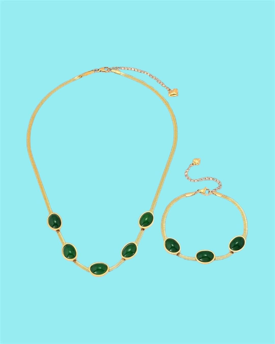 Oval Green Crystal Pendant Necklace & Bracelet Set | NISHU Superstores