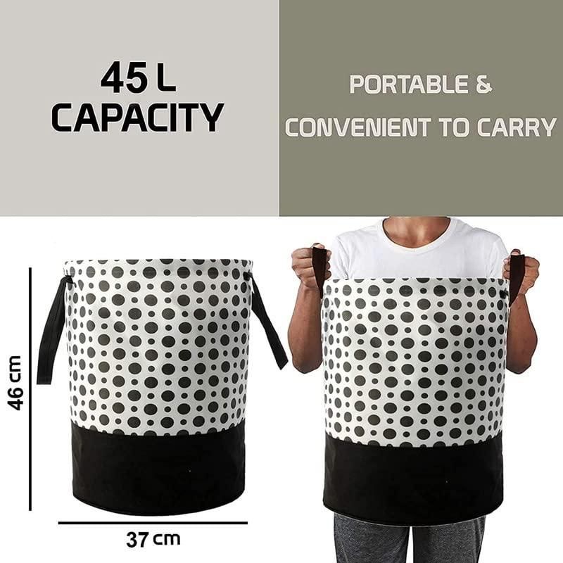 Round Canvas Laundry Bag – 45L Black & White Polka Dot | Foldable & Stylish | NISHU Superstores