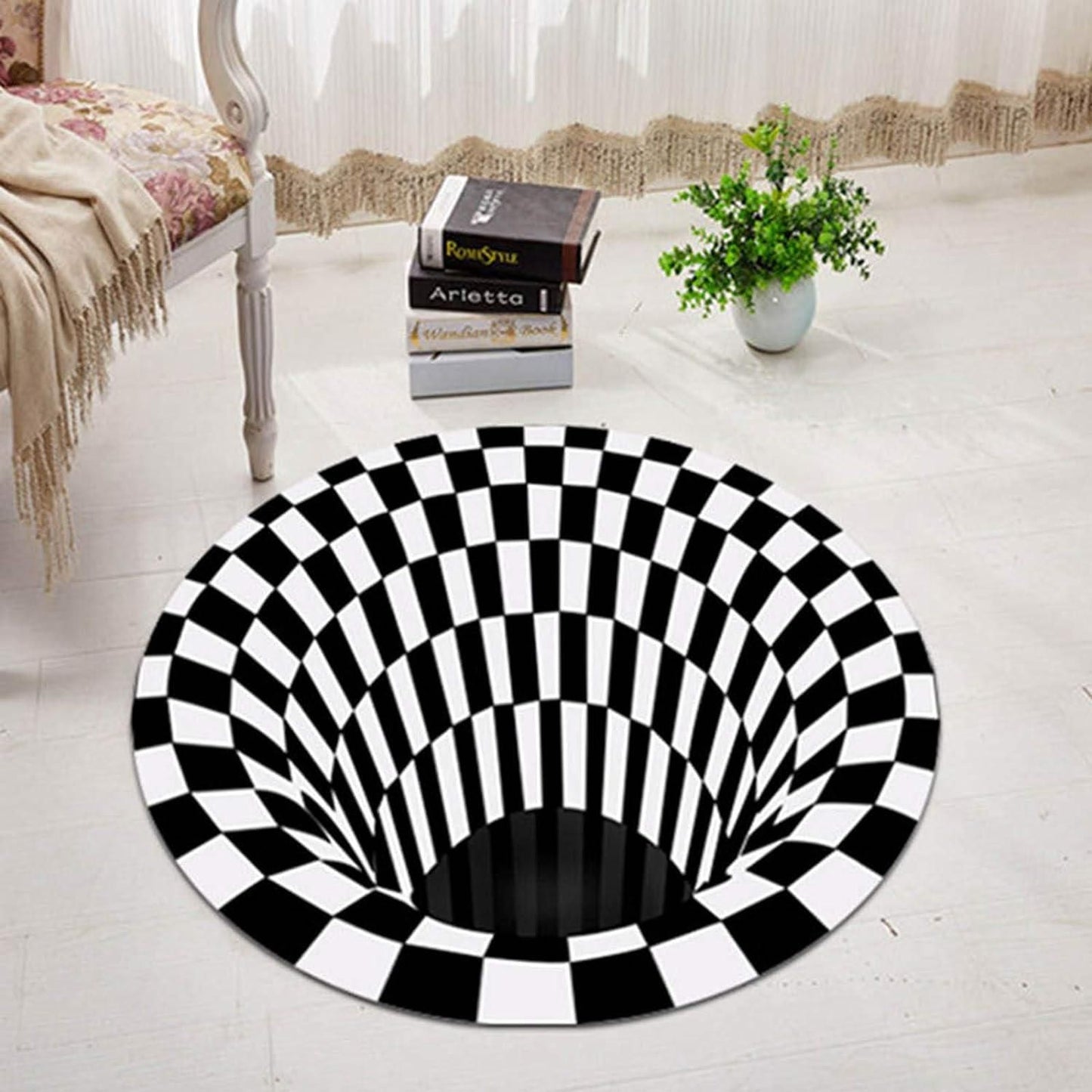 Black & White Checks Round 3D Printed Carpet – Stylish & Durable Floor Décor | NISHU Superstores