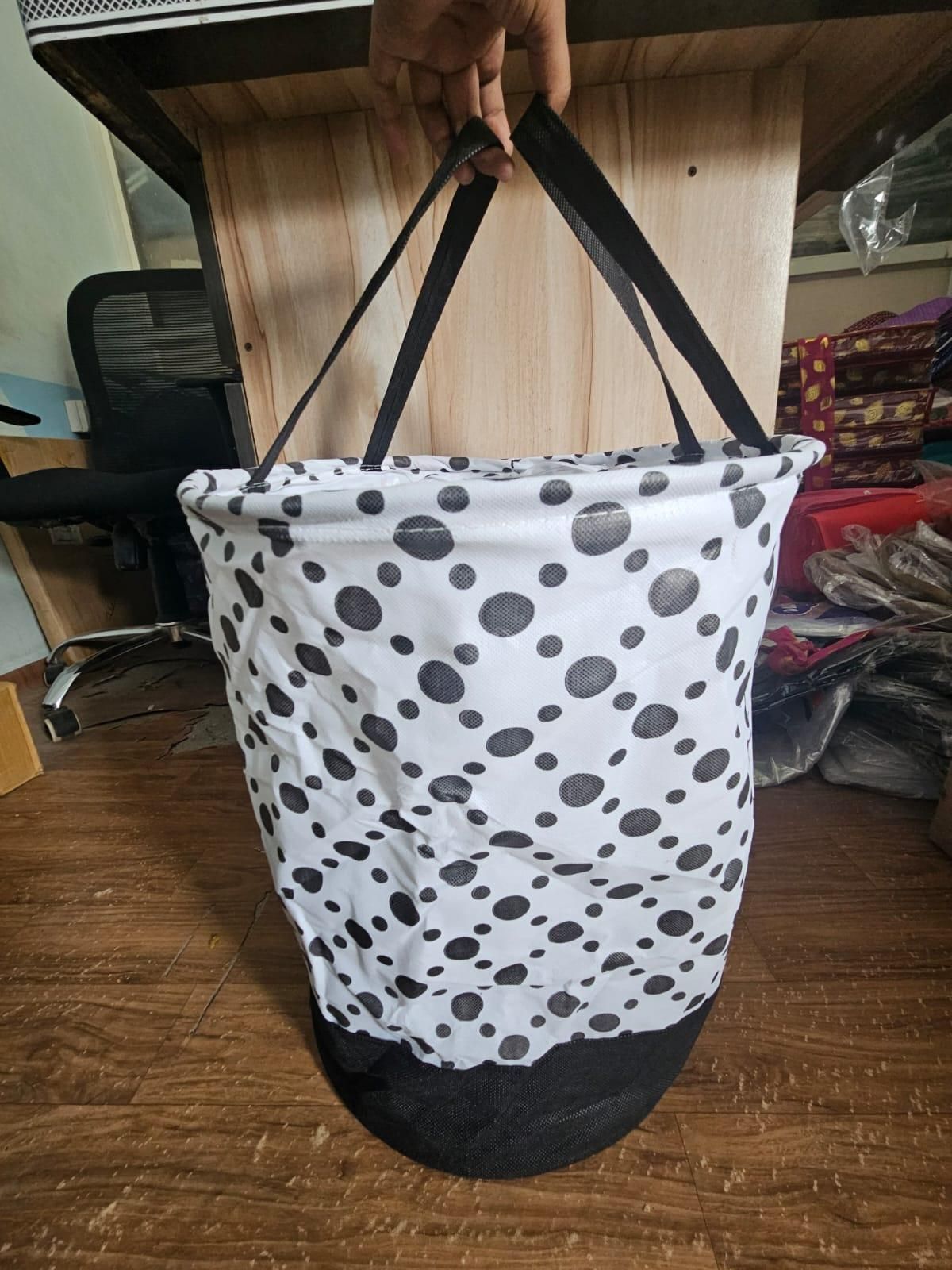 Round Canvas Laundry Bag – 45L Black & White Polka Dot | Foldable & Stylish | NISHU Superstores