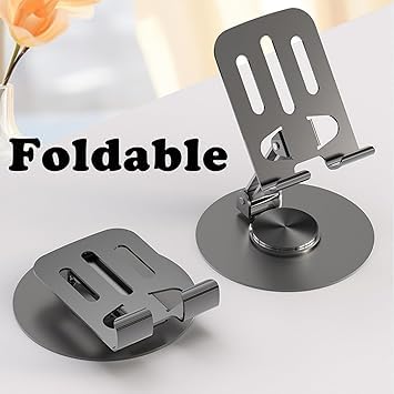 Foldable Metal Mobile Stand 360° Rotatable | Adjustable Height & Angle Phone Holder with Stable Round Base (1 Pc) | NISHU Superstores