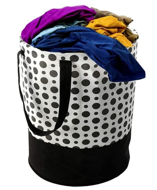 Round Canvas Laundry Bag – 45L Black & White Polka Dot | Foldable & Stylish | NISHU Superstores