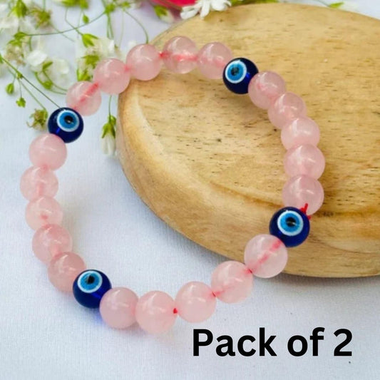 Love & Relationship Protection Bracelet – Rose Quartz with Evil Eye (Pack of 2) | NISHU Superstores