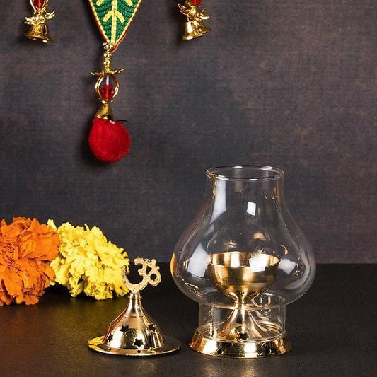 Brass Akhund Diya with Borosilicate Glass – Puja Oil Lamp for Home & Temple | NISHU Superstores