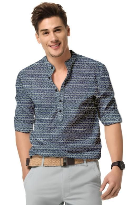 Men’s Printed Spread Collar Casual Shirt – Navy Blue Stylish Cotton Blend | NISHU Superstores