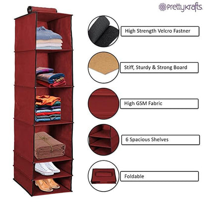 6-Shelves Foldable Hanging Wardrobe Organizer – Maroon Storage Solution | NISHU Superstores