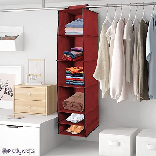 6-Shelves Foldable Hanging Wardrobe Organizer – Maroon Storage Solution | NISHU Superstores