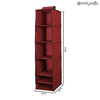 6-Shelves Foldable Hanging Wardrobe Organizer – Maroon Storage Solution | NISHU Superstores