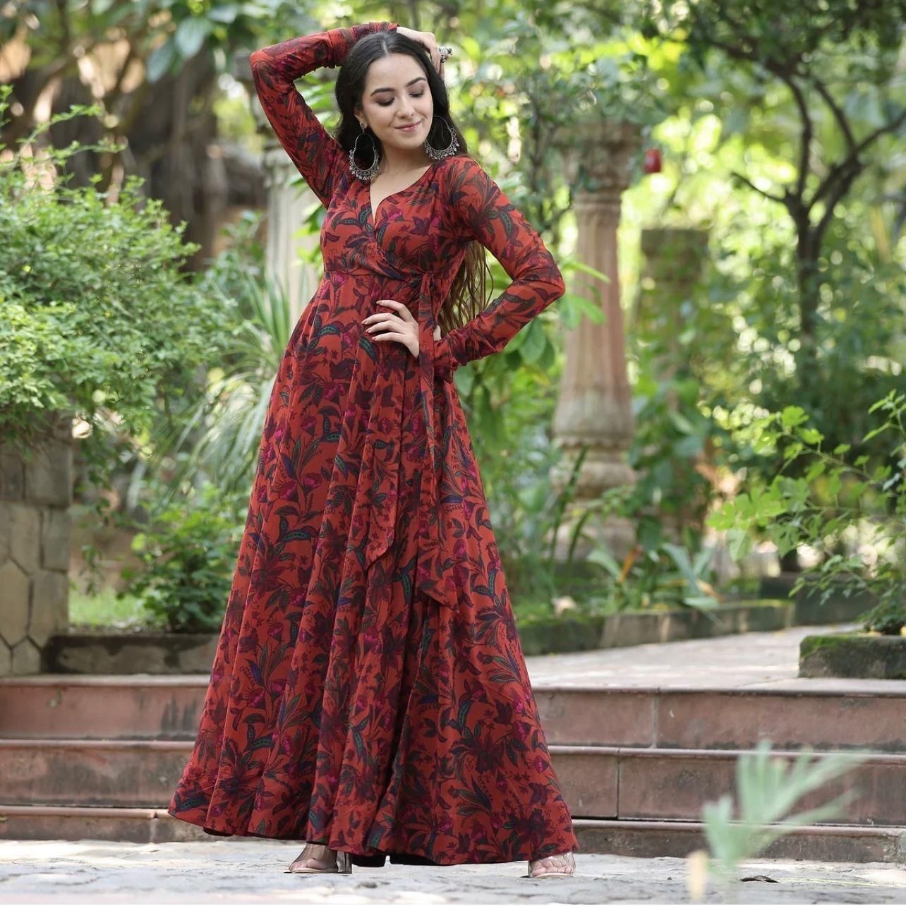 Plus Size Georgette Floral Print Flared Gown for Women – Elegant & Flowing | NISHU Superstores