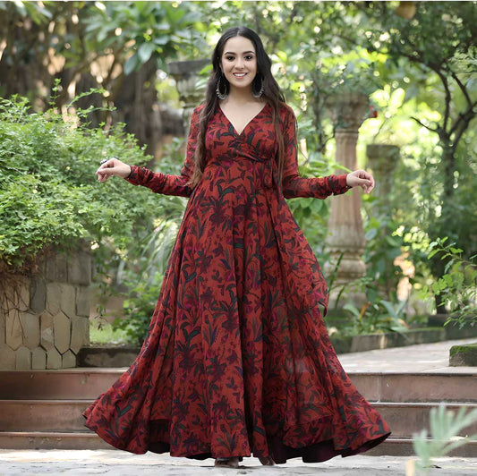 Plus Size Georgette Floral Print Flared Gown for Women – Elegant & Flowing | NISHU Superstores