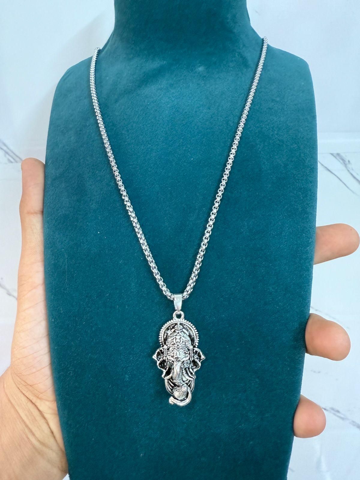 Ganesha Pendant with Snake Chain (Silver) | Lord Ganesha Jewelry | NISHU Superstores