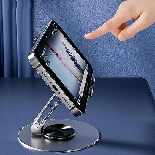 Foldable Metal Mobile Stand 360° Rotatable | Adjustable Height & Angle Phone Holder with Stable Round Base (1 Pc) | NISHU Superstores