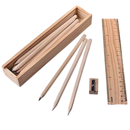 Colorful Wooden Pencil Set with Pencil Box, Ruler & Sharpener | Complete Stationery Kit for Kids, Artists & Architects – NISHU Superstores
